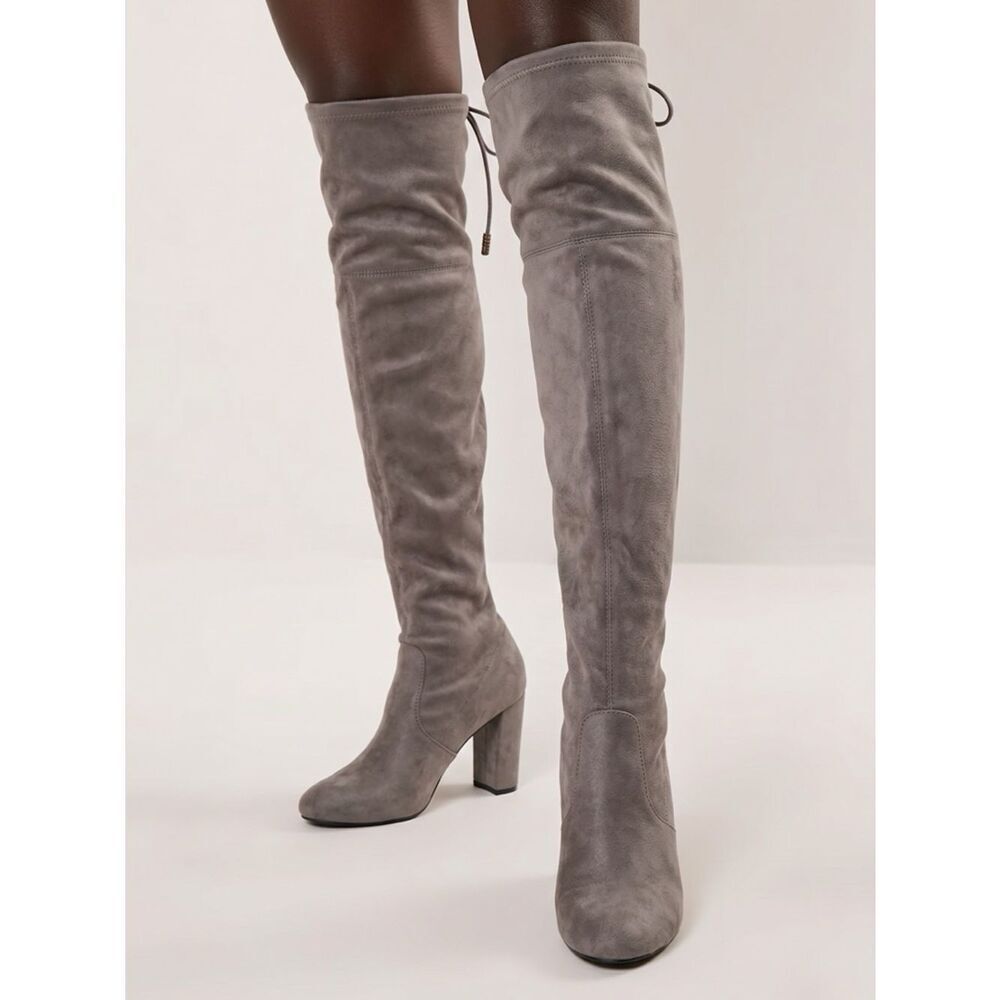 TAUPE FAUX SUEDE THIGH HIGH BOOTS SIZE 11 4” HEELS NWOT